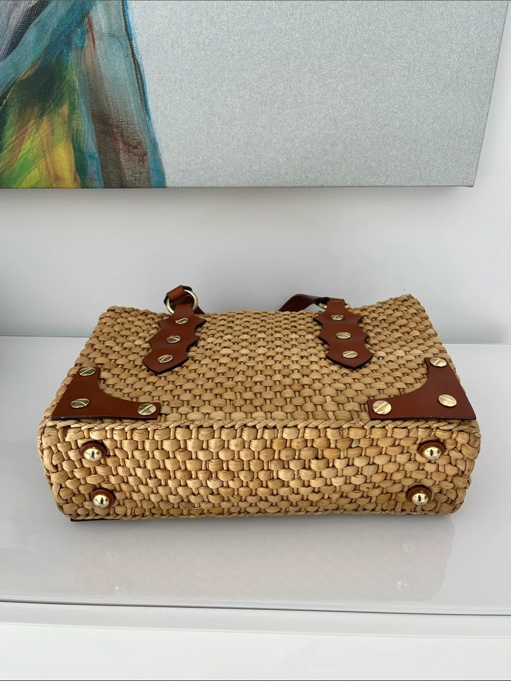 Michael Kors Santorini Leather Rafia Straw Woven Rectangular Straw Shoulder Bag